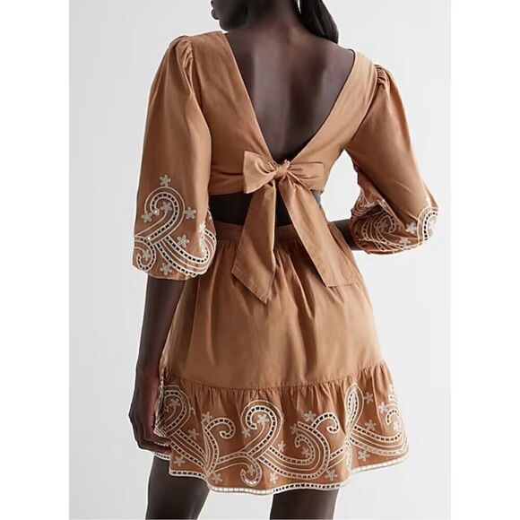Express Tan Embroidered Eyelet V-Neck Tie Back Poplin Mini Dress‎ - Picture 2 of 6